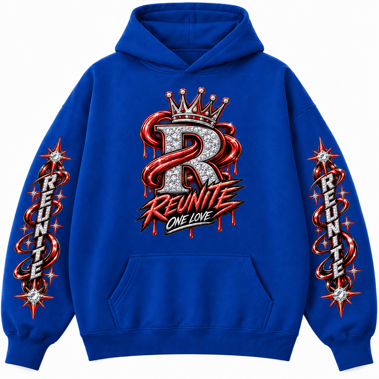 Reunite One Love Crowned Diamond R with Reunite Sleeve   print  Oversize Fleeced Hoodie