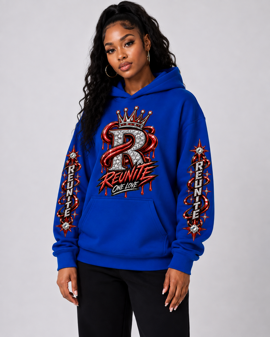 Reunite One Love Crowned Diamond R with Reunite Sleeve   print  Oversize Fleeced Hoodie