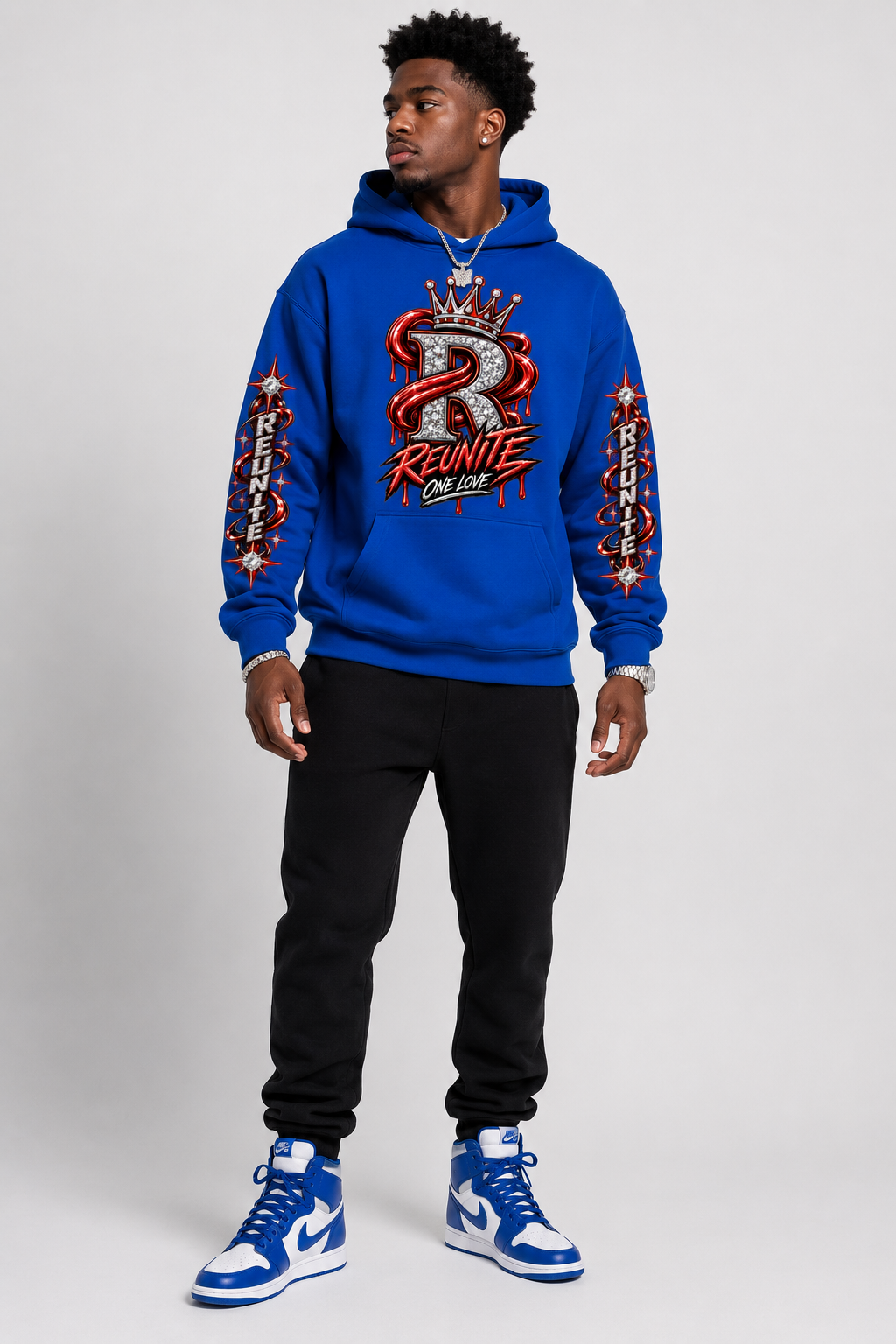Reunite One Love Crowned Diamond R with Reunite Sleeve   print  Oversize Fleeced Hoodie