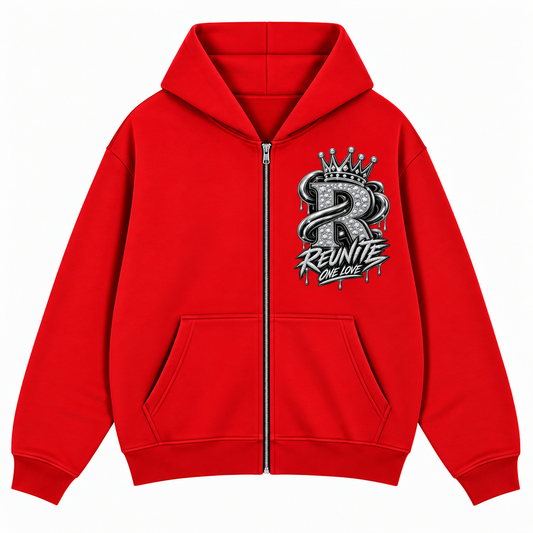 Reunite One Love Crowned R Chest Design    Sunfade Two-way Zipper Boxy Fleece Hoodie