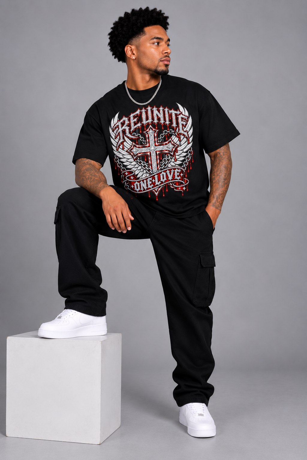 Reunite One Love Diamond Cross Wings & Chain  Drop Shoulder T-Shirt