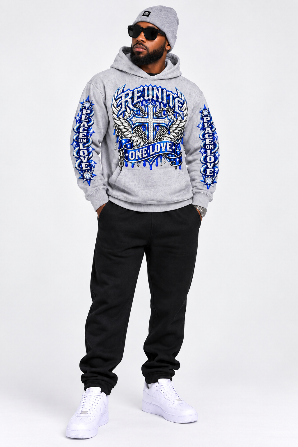 Reunite One Love Diamond Cross & Peace on Love Sleeve  print   pullover  Hoodie.