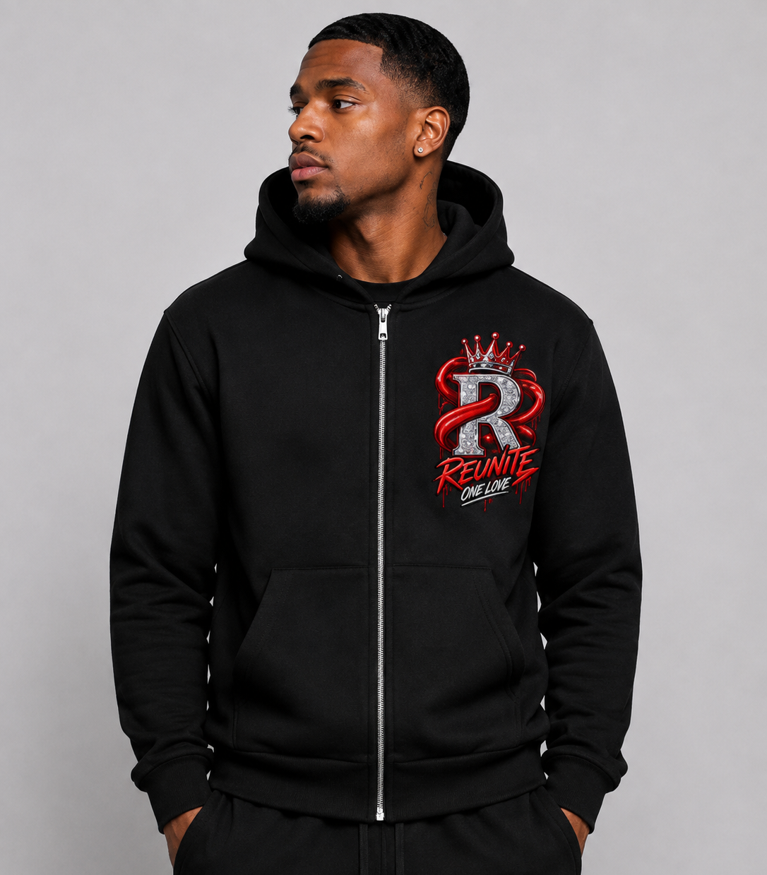 Reunite One Love Crowned R Chest Design  Unisex Drop Shoulder Full Zip Hoodie