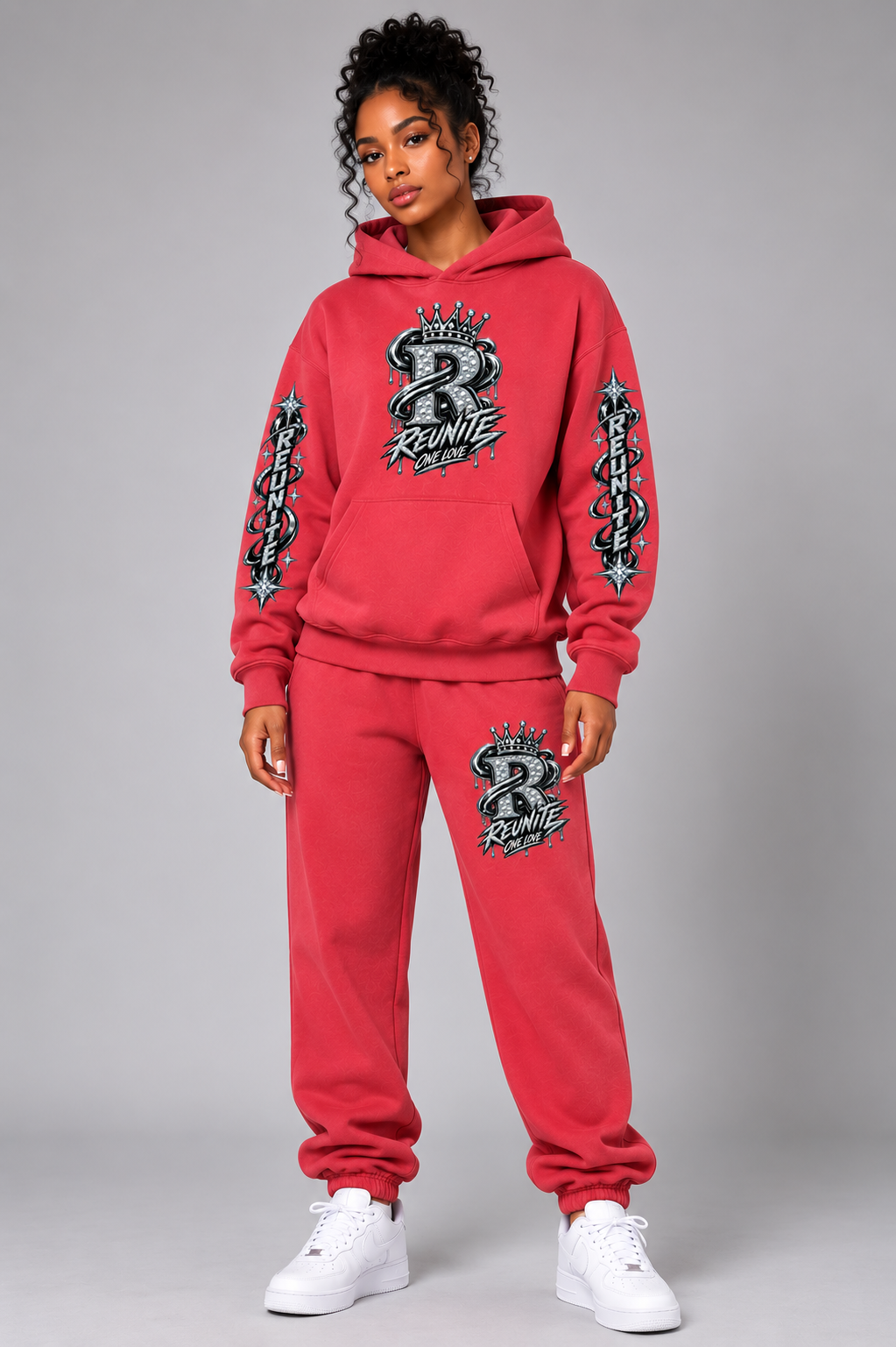 Reunite One Love Crowned Diamond R with Reunite  Sleeve  print Snow Wash Fleece Oversize Hoodie