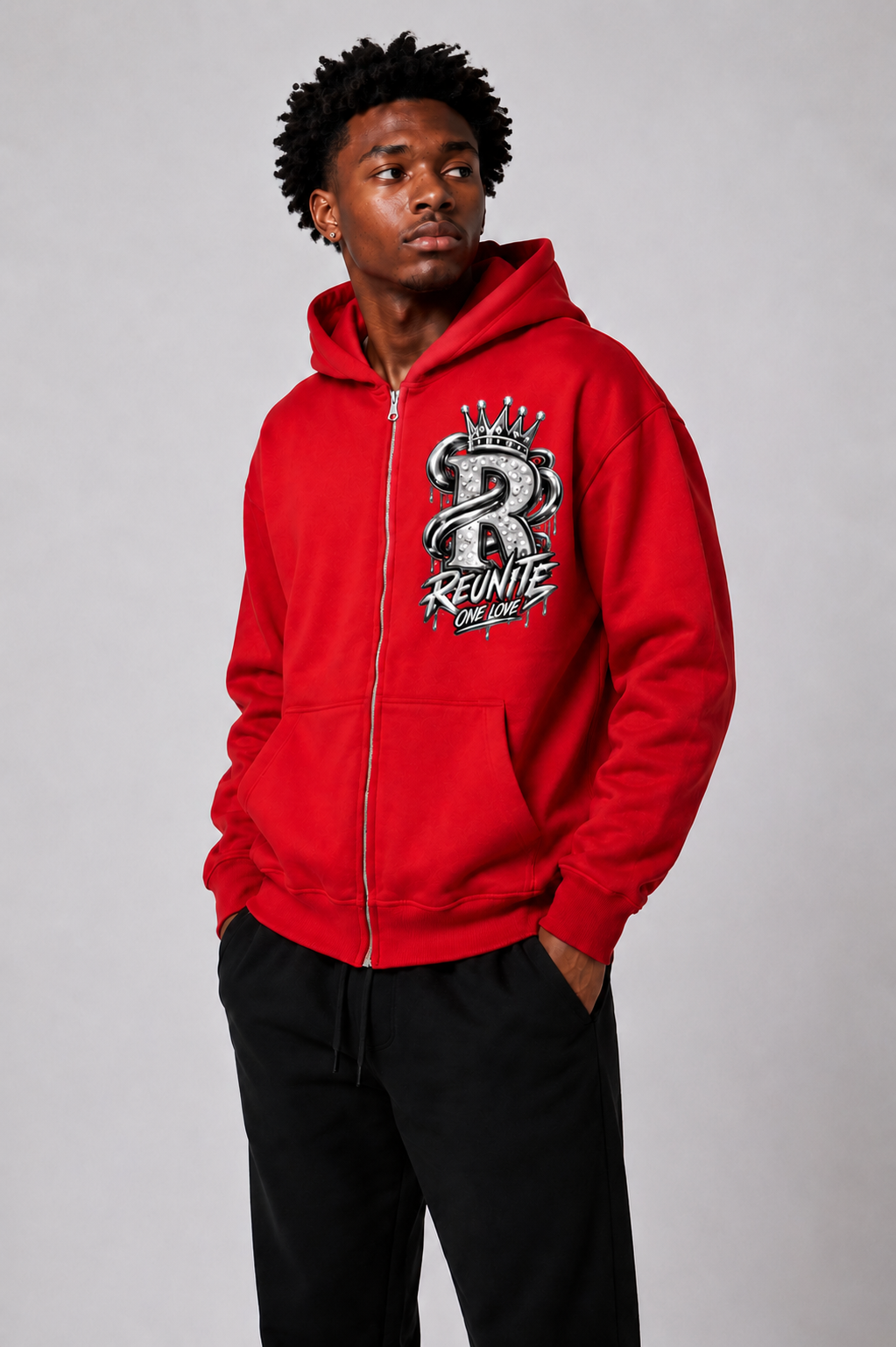 Reunite One Love Crowned R Chest Design    Sunfade Two-way Zipper Boxy Fleece Hoodie