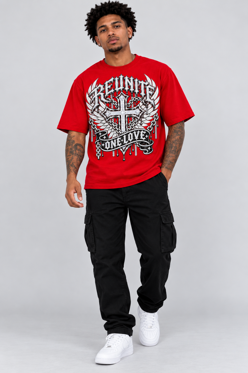Reunite One Love Diamond Cross Wings & Chain Color red Drop Shoulder T-Shirt
