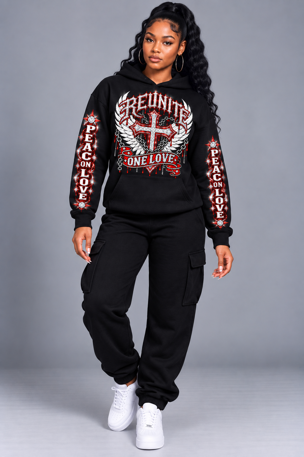 Reunite One Love Diamond Cross & Peace on Love Sleeve  print   pullover  Hoodie.