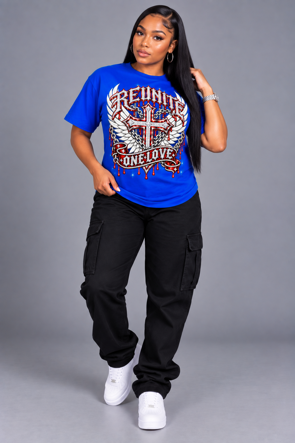 Reunite One Love Diamond Cross Wings & Chain   Snow Washed Oversized Cotton T-Shirt