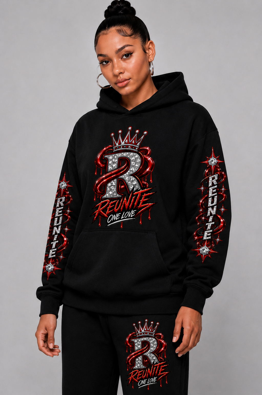 Reunite One Love Crowned Diamond R with Reunite Sleeve   print  Oversize Fleeced Hoodie
